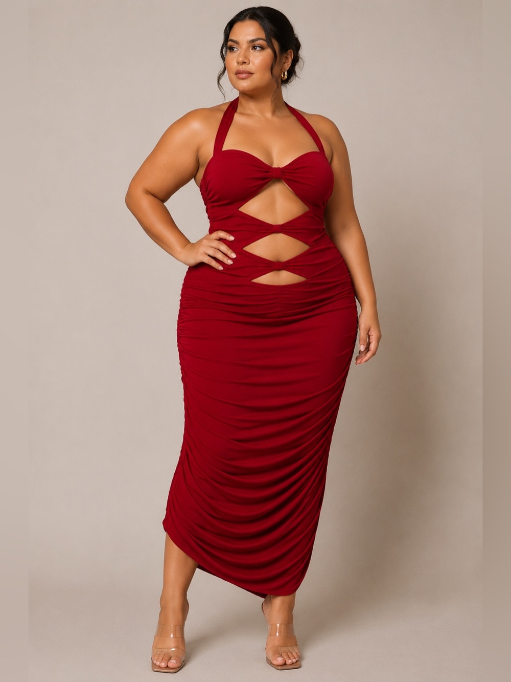 NWT Norma Kamali Red Halter Cutout Ruched Midi Bodycon Dress XL